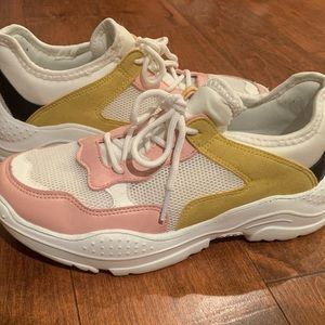 US 6.5 womens qupid pink yellow white and black sneakers